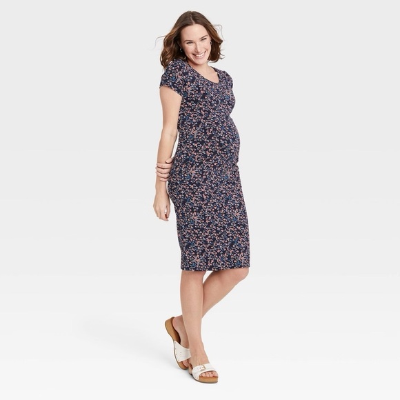Isabel Maternity by Ingrid & Isabel Blue Floral Ruched Midi Dress - Picture 1 of 6